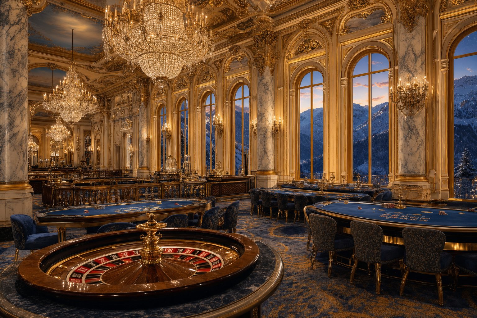 Spielsaal des Luxury Casino St. Moritz mit Roulette und Kronleuchtern