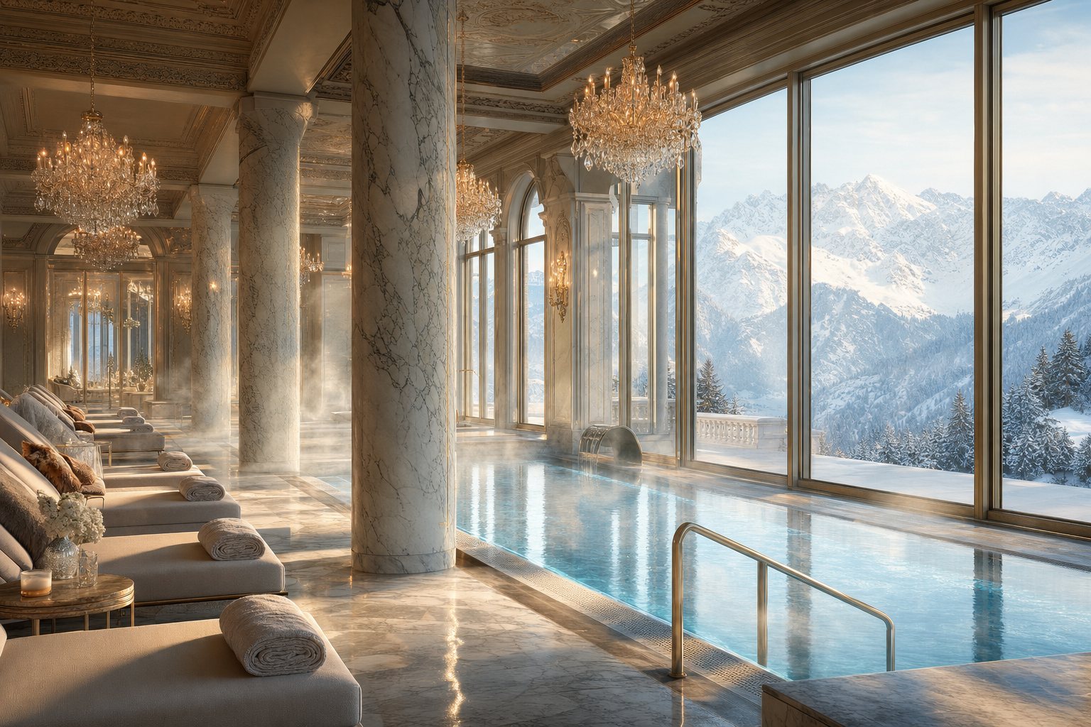 Panorama-Thermalbad der EngadinSPA mit Bergblick